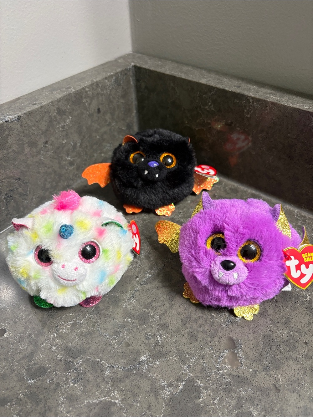 Ty Beanie Ballz Trio — Purple Bat, Black Bat, Multicolor Unicorn